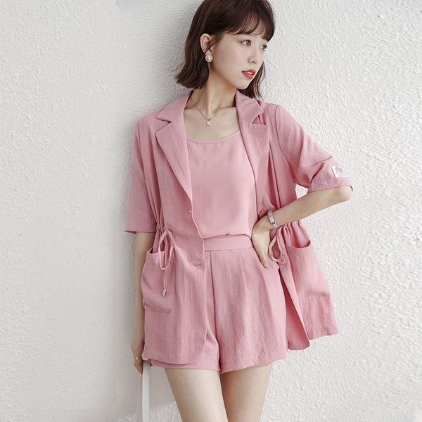 

women's tracksuits 2021 summer 3 pieces set female fashion pink notched collar drawstring short sleeve long casual +vest+shorts out, Gray