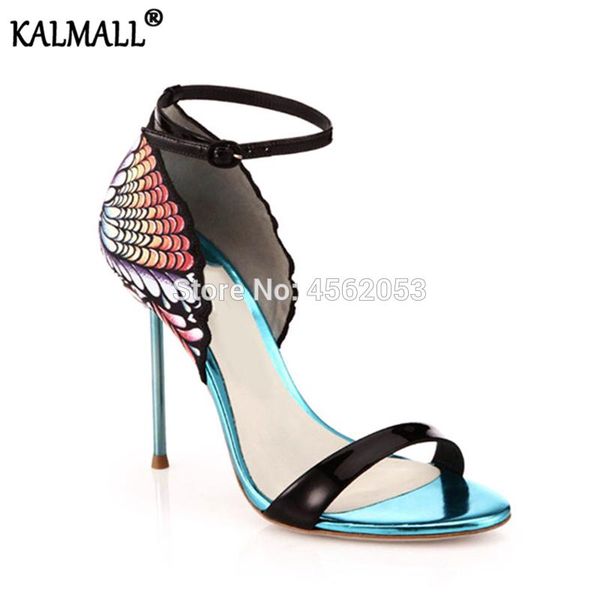 

colorful peacock print leather ankle wrap buckle strap gladiator sandals women party shoes fashion summer high heels, Black