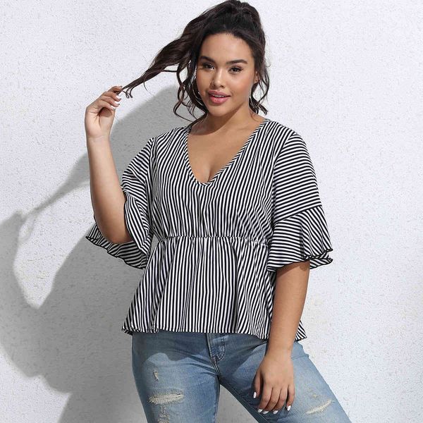 

Plus size Dresses Hy365020#v Collar Waist Loose Large T-shirt Stripe Top, Black