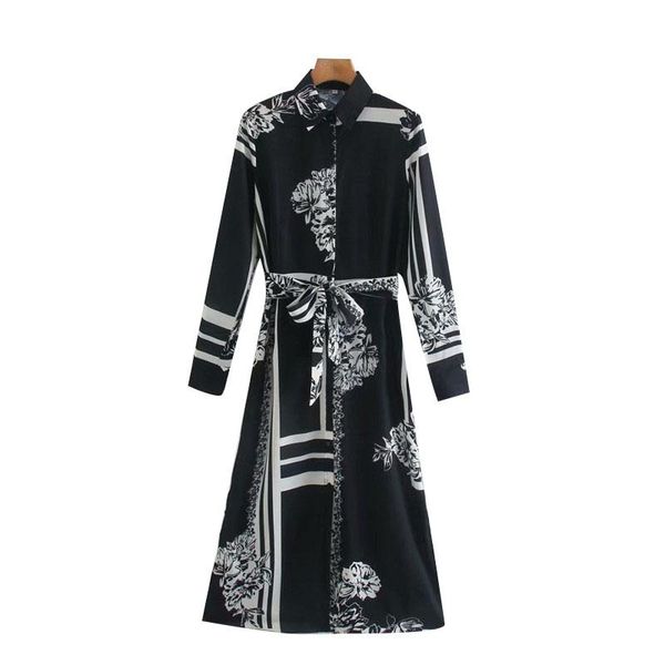 

women 2021 chic fashion with belt floral print midi shirt dress vintage long sleeve button-up female dresses vestidos casual, Black;gray