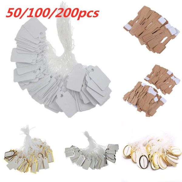 

50/100/200pcs diy price label rectangular tie string jewelry clothes display merchandise tags card silver/gold/white party favor