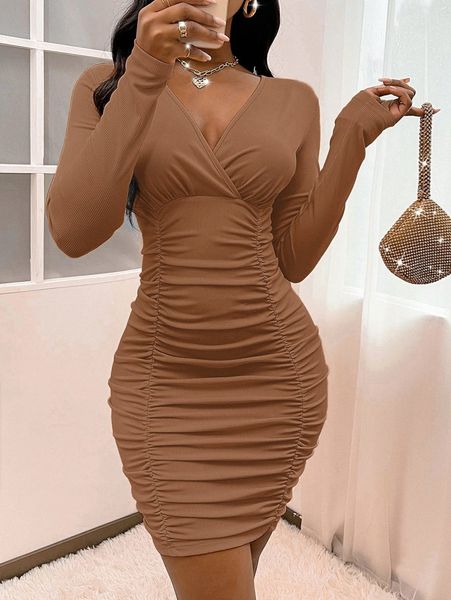 

sxy plunging neck ruched bodycon dress e8xd#, Black;gray