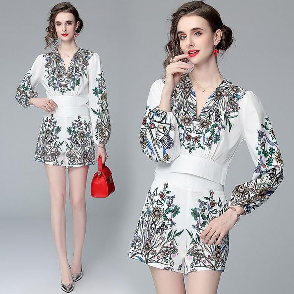 

women's tracksuits drop summer 2 piece 2pcs women ladies set floral print v neck bow long sleeve shirt blouse short tracksuit outfit, Gray