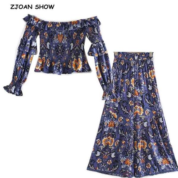 

bohemia ruched elastic slash neck floral print long sleeve shirt ruffle women waist wide leg pants 2 pieces set 210429, White