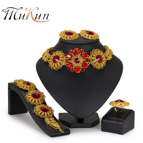 

earrings & necklace mukum dubai glamour women jewelry set red big crystal italian luxury bridal wedding african beads, Silver