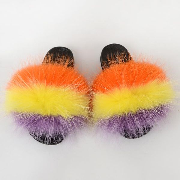 

slippers summer women's real raccoon fur fashion multicolor indoor non-slip fluffy home sandals, Black