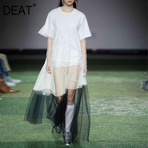 

[deat] summer new fashion tide round neck high waist ankle-length short sleeve net yarn splicing loose dress women 13q059 210430, Black;gray
