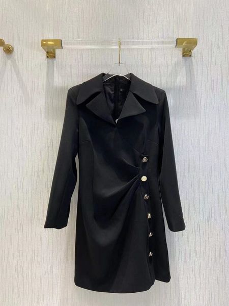 

milan runway dress 2022 spring summer lapel neck long sleeve panelled designer dresses brand same style dress 0302-13, Black