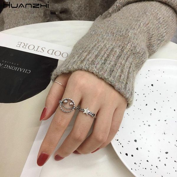 

cluster rings huanzhi 2021 smile human face chain star metal silver plated simple retro open ring for women men jewelry, Golden;silver