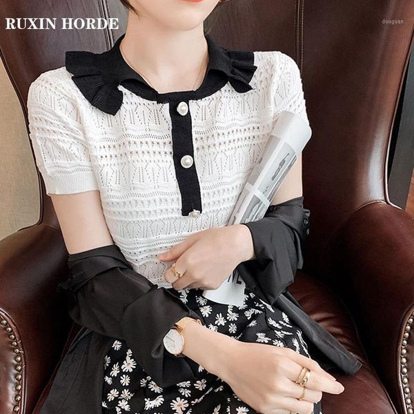 

women's t-shirt elegant temperament knitted high neck button long sleeve 2021 summer ladies fashion pure color ice silk beautiful top, White