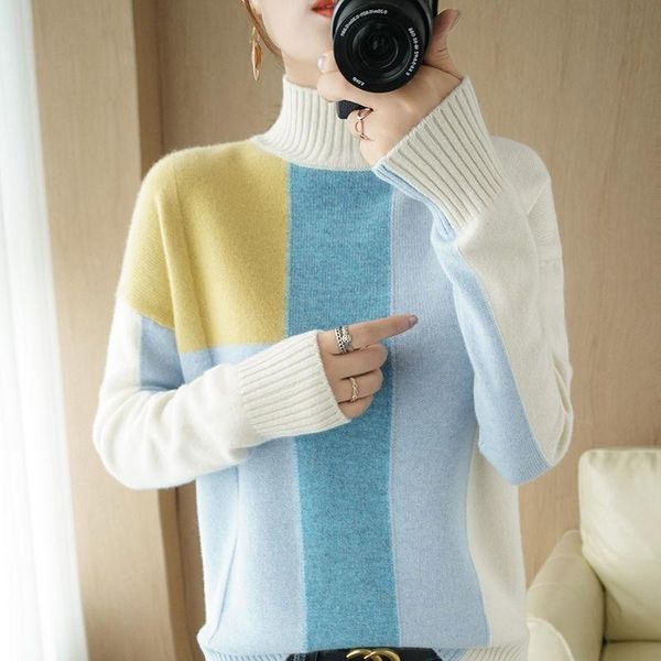 

women's sweaters soft warm pullover fleece sweater fall/winter half turtleneck striped loose, White;black