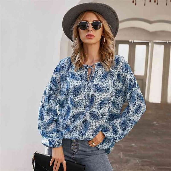 

summer shirt and blouse for women long sleeve retro printed soft bohemian print shirts blouses 210517, White