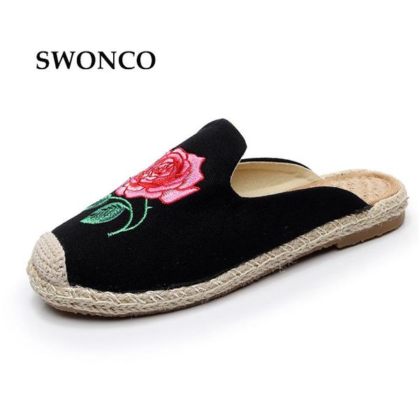 

women's slippers summer fashion flower straw ladies shoes women 2021 flat woman female shoe, Black