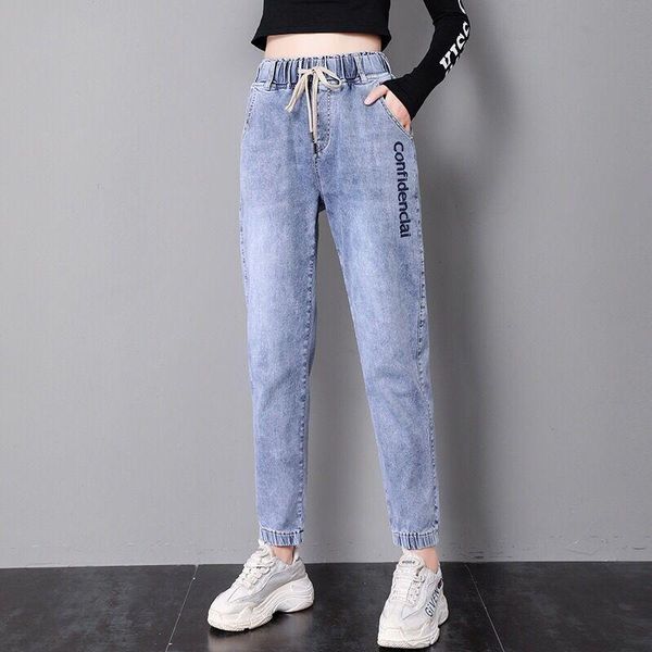 

women's jeans woman pants elastic waist women loose 2021 spring high cropped pantalones vaqueros mujer, Blue