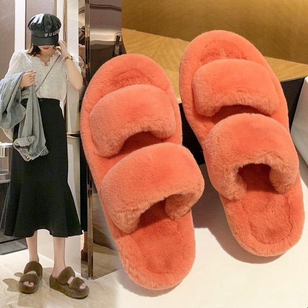 

slippers fashion winter house thick heel fuzzy for women chic faux fur warm shoes slip on ladies chunky fluffy, Black