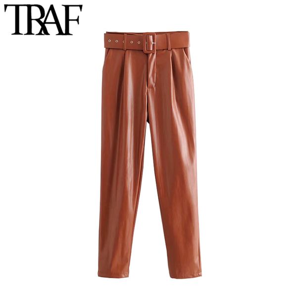 

traf women vintage chic pu faux leather with belt high waist pants fashion zipper fly side pockets female trousers pantalones 210415, Black;white