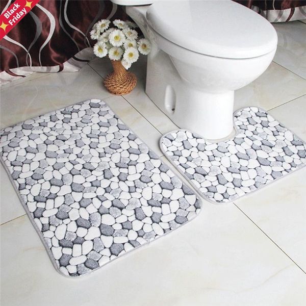 

2pcs/set cobblestone bathroom mat set flannel anti-slip kitchen bath carpet toliet rug washable tapete mats