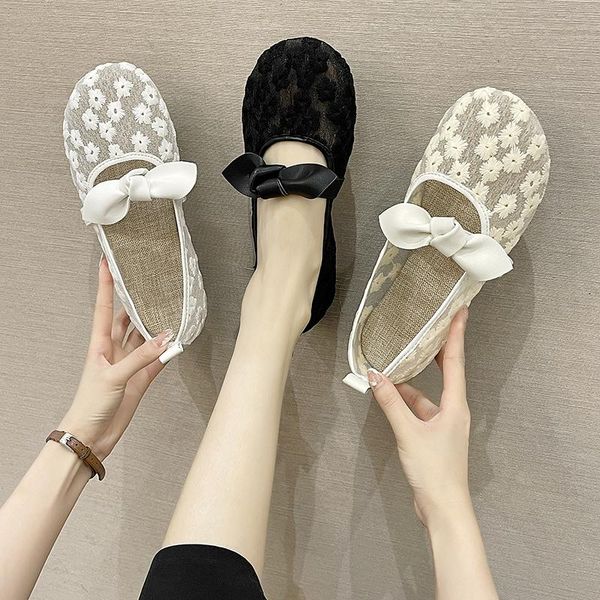 

sandals 2021 summer round toe shoes breathable hollow flat soft bottom net lace flower women's, Black
