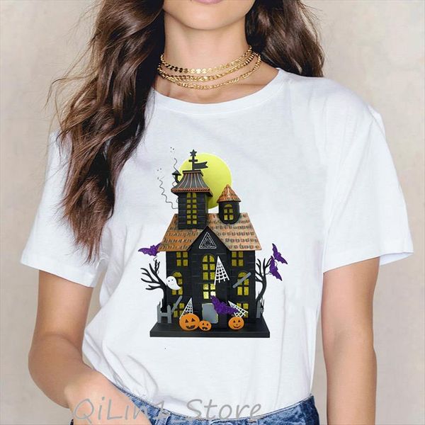 

funny kawaii pumpkin haunted house women print white party halloween spoof camisas mujer tees