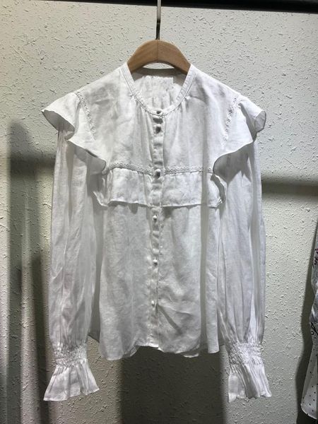 

women's blouses & shirts 2021ss woman white black cotton linen broderie anglais shirt ruffled shoulders long sleeves round neck