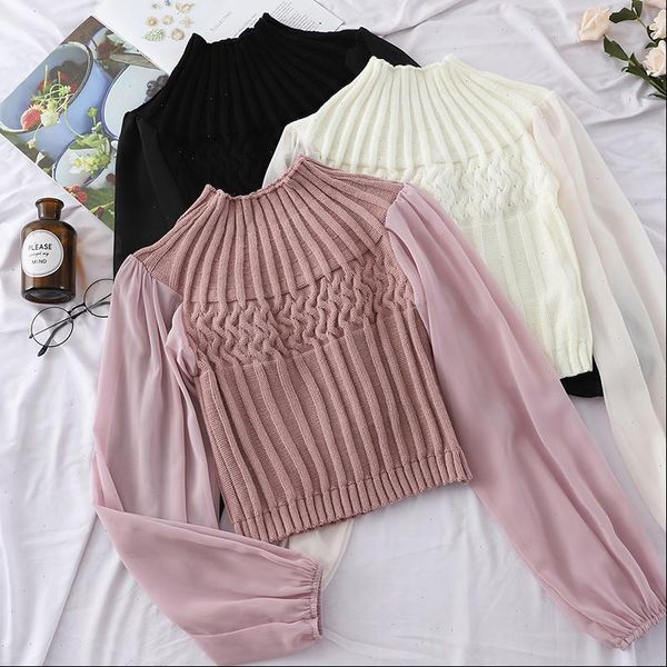 

autumn women womens sweaters turtleneck knitted pullovers chiffon patchwork sweater ladies bottoming lantern sleeve knitwear short ab1135, White;black