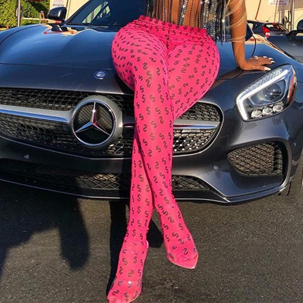 

neon pink green print women pants clubwear full length skinny autumn streetwear high waist fluorescent workout foot closed body, Black;white