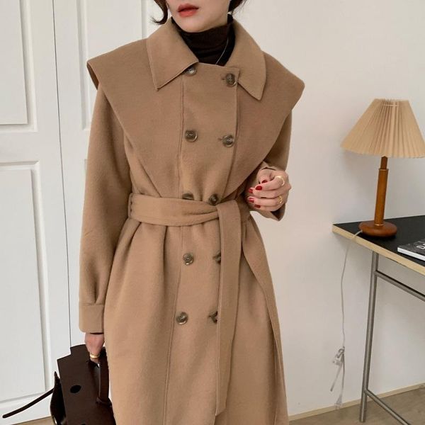 

women's wool & blends alien kitty coats 2021 autumn winter navy collar solid color sashes loose long double sided coat female, Black