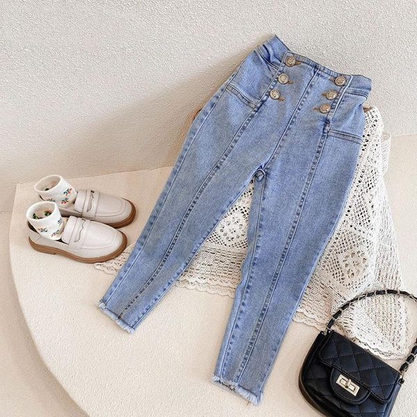 

jeans spring autumn girls denim pants baby trousers kids children back streychable medal gold button 4 to 14 yrs, Blue