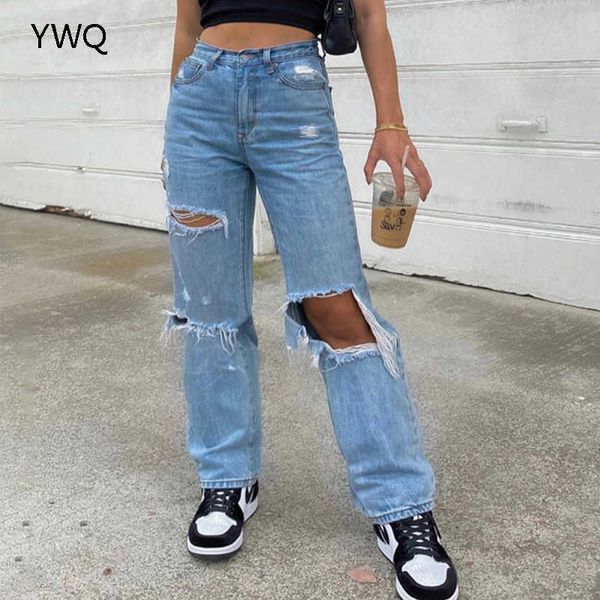 

baggy jeans straight leg ripped for women fashion loose high streetwear waist pants hole boyfriend trousers 210927, Blue