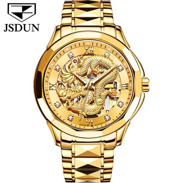 

jsdun automatic men's watch mechanical tungsten steel gold skeleton business luminous waterproof luxury diamond wrist watch, Slivery;brown