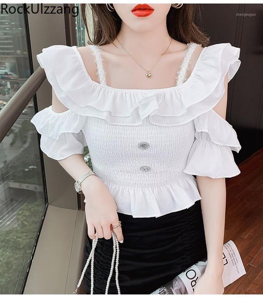 

women's blouses & shirts cascading ruffle off shoulder lace strap chiffon rhinestone diamond shirt blouse plus size women elegant bodyc, White