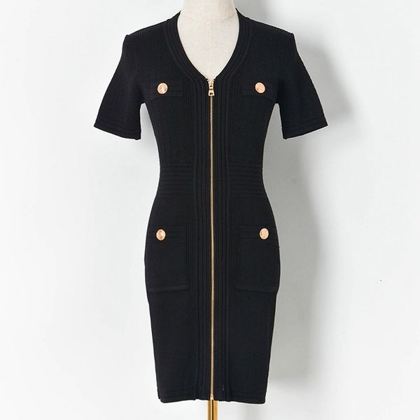 

casual dresses vintage hollow zip v-neck pocket short sleeve slim knit mini dress black elegant fashion summer women party clothes 2021 qmri, Black;gray