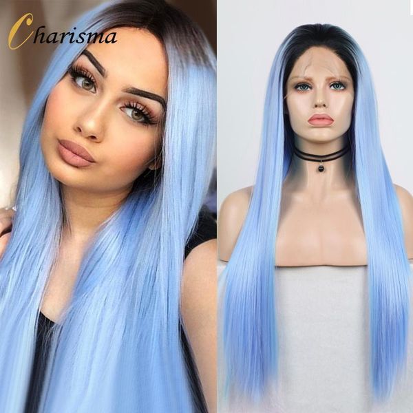 

synthetic wigs charisma lace front wig black roots long silky straight ombre blue for women cosplay