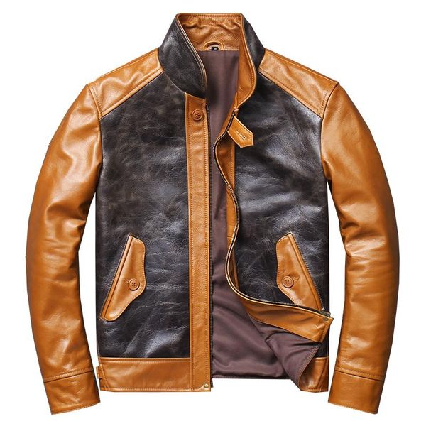 

men's leather & faux genuine batik layer cowhide jacket short stylish slim fit splicing motorcycle suit coat, Black