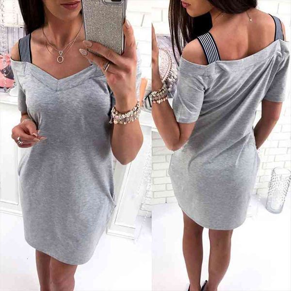 

women casual v neck off shoulder stripe shoulder straps grey color short sleeve patchwork dress slim mini pencil dress, Black;gray