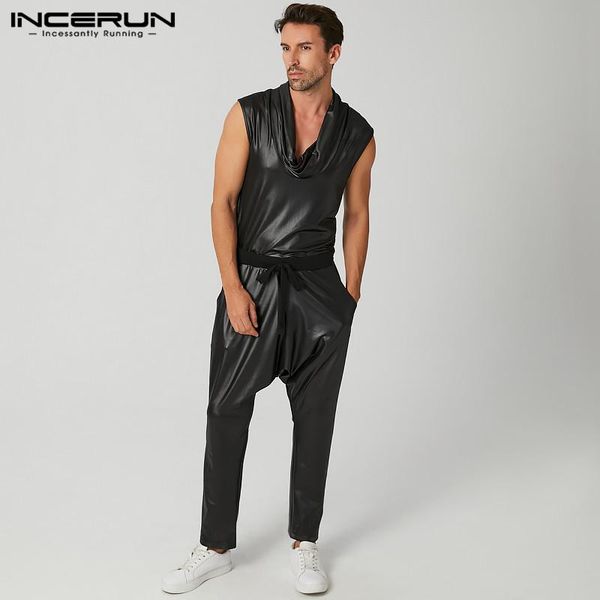 

fashion mens jumpsuits streetwear sleeveless turtleneck fake leather overalls pants lace up solid casual men rompers incerun men's, Black