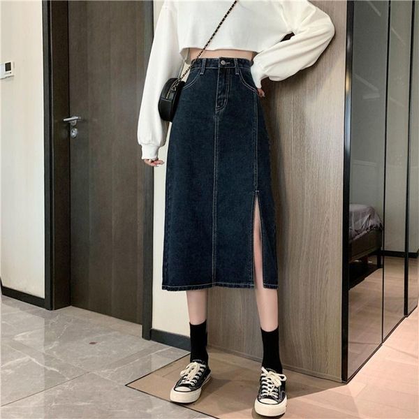 

skirts women 2021 spring autumn retro long midi denim female high waist pockets split jeans a-line ladies bottoms f324, Black