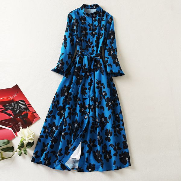 

european and american women's clothing winter 2022 new three-quarter sleeve collar blue floral print lace-up fashion dress, Black;gray