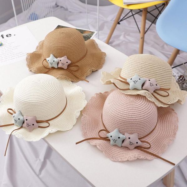 

children's four-season universal outdoor sun shade beach travel dome cartoon five-pointed star handmade straw hat caps & hats, Yellow
