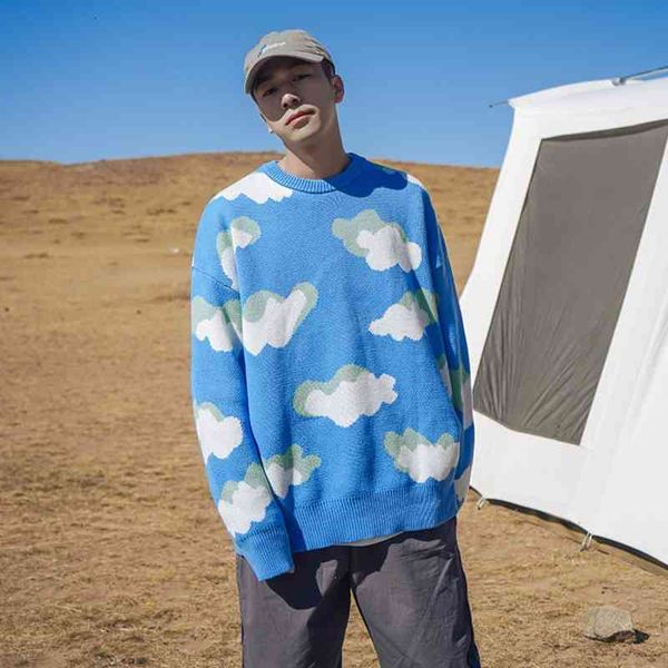 

men's sweaters winter cloud warmth fashion retro casual knitted pullover men streetwear korean loose o neck mens clothes f6po, White;black