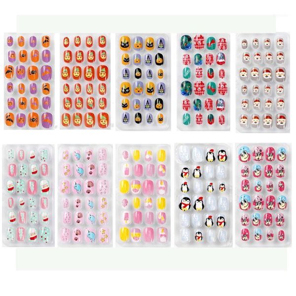 

cute cartoon children false nail tips candy full cover kid glue self fake art for girls diy manicure nails decoration1, Red;gold