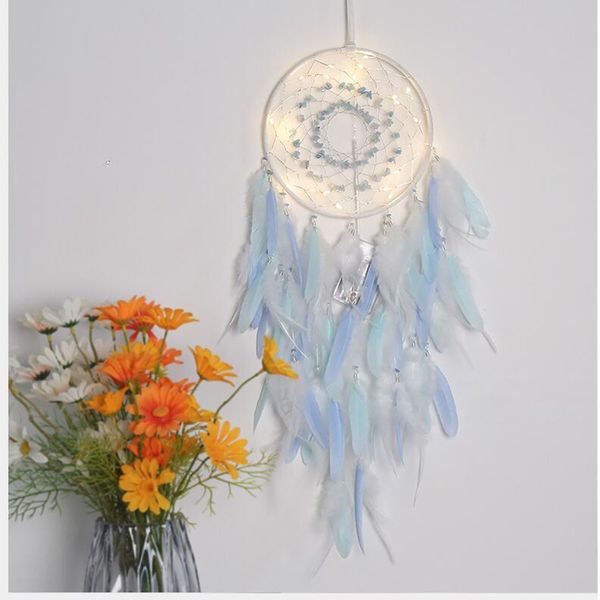 Sonho apanhador com luzes artesanais parede pendurado decoração ornamentos artesanato para meninas quarto carro casa colorido penas dreamcatchers