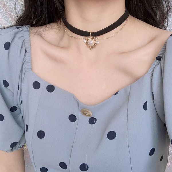 

pendant necklaces vintage velvet black choker love heart imitation pearls short chain necklace for women girls gifts party, Silver