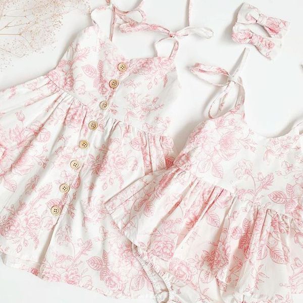 

summer sister match floral dress/rompers printed sleeveless strap bodysuit dresses headband 2pcs outfits girls clothes girl's, Red;yellow