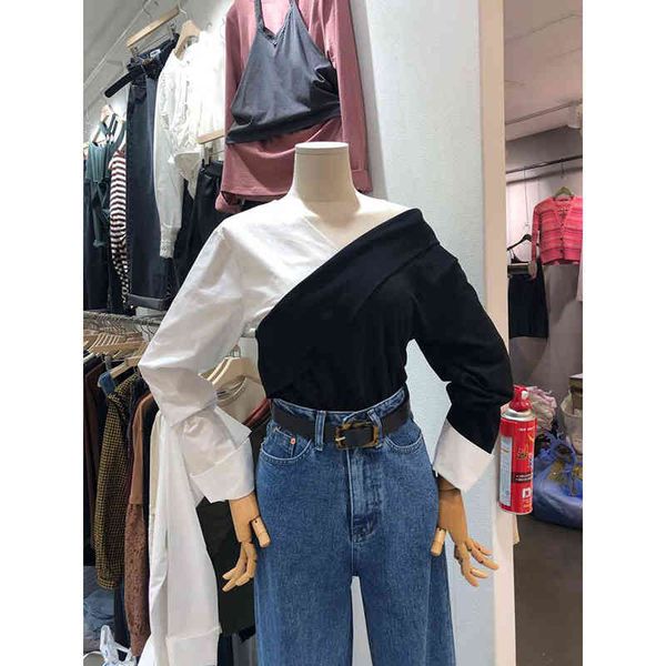 

autumn new fashion simple color contrast patchwork fake two shirts women's casual slim fit 210421, White