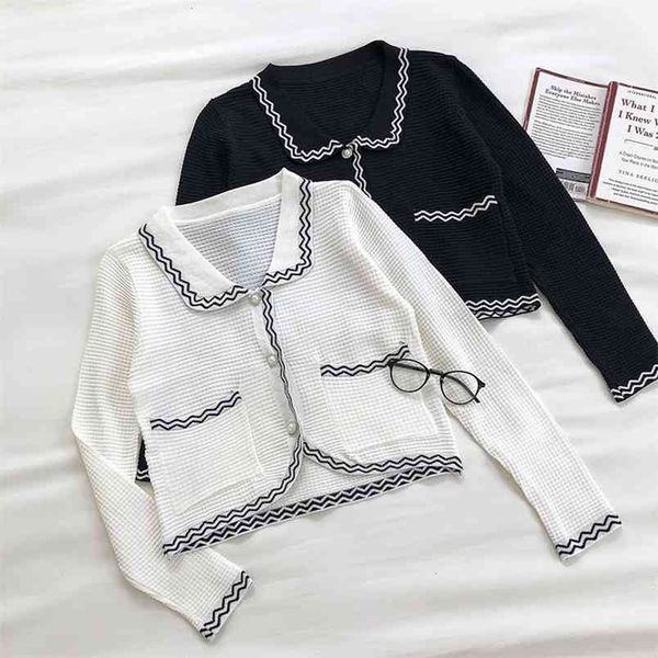 

spring autumn women's korean retro color matching lapel short sweater long-sleeved casual female cardigan ll928 210506, White