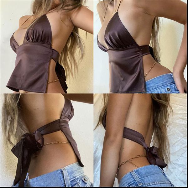 

backless fashion womens tanks spaghetti strap sleeveless deep v neck tie back camisole, White