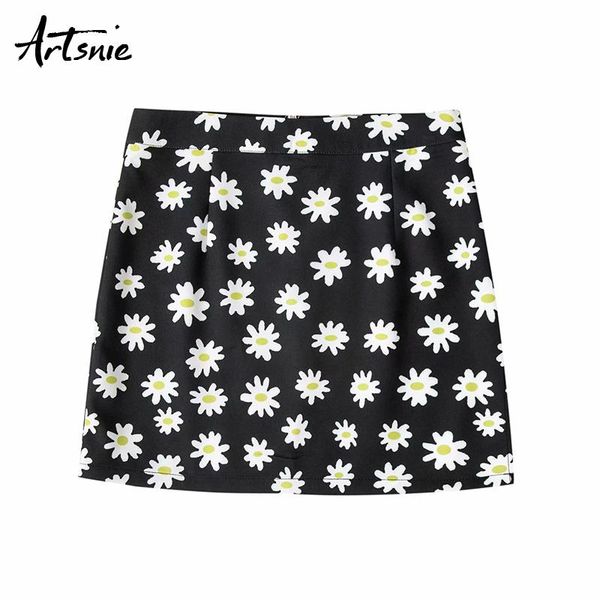 

skirts artsnie floral print mini skirt women summer high waist streetwear casual split party short pencil mujer jupe femme, Black