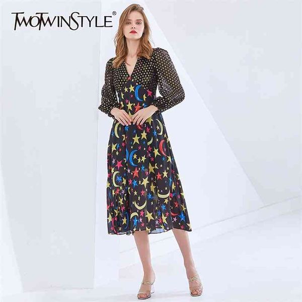 

hit color spring dress for women v neck lantern long sleeve high waist print midi dresses female fashion 210520, Black;gray