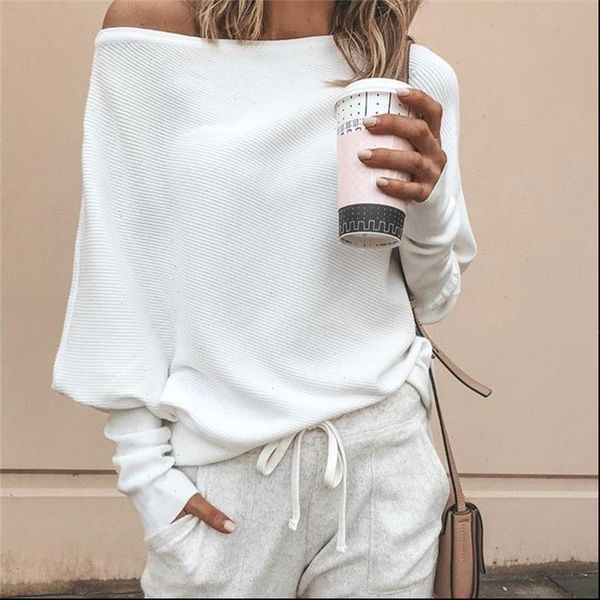 

tee femme autumn off women the shoulder long sleeve casual one rib, White